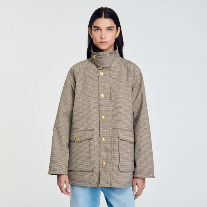 Coats and Trenches Women SANDRO Check Coat With Velvet Collar Brown