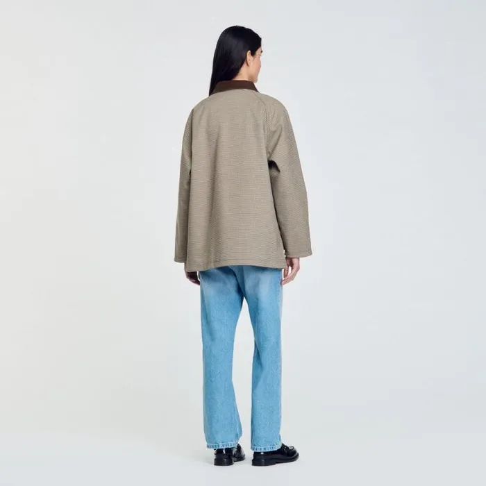 Coats and Trenches Women SANDRO Check Coat With Velvet Collar Brown
