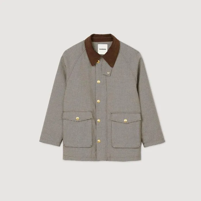 Coats and Trenches Women SANDRO Check Coat With Velvet Collar Brown