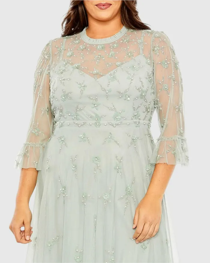 Cocktail Dresses Mac Duggal Women Green High Neck Embellished Flutter Half Length Sleeve Dress Sage