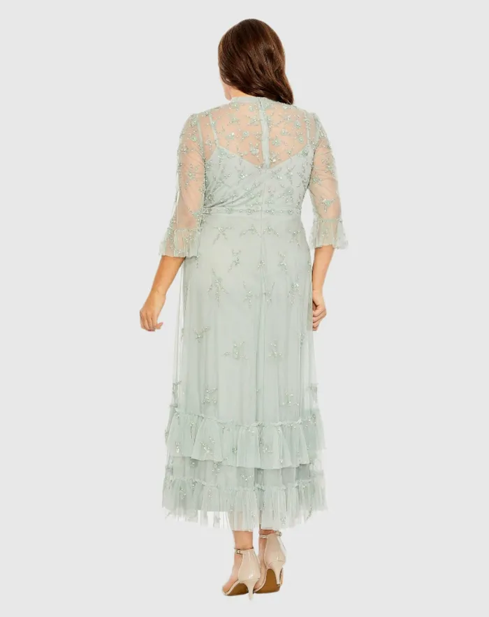 Cocktail Dresses Mac Duggal Women Green High Neck Embellished Flutter Half Length Sleeve Dress Sage