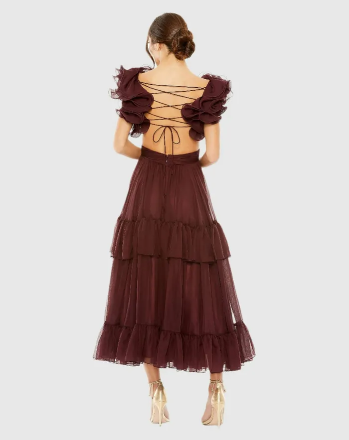 Cocktail Dresses Mac Duggal Women Ruffle Tiered CutOut Chiffon Dress Bordeaux Cocktail Dresses Mac Duggal Women Ruffle Tiered CutOut Chiffon Dress Bordeaux