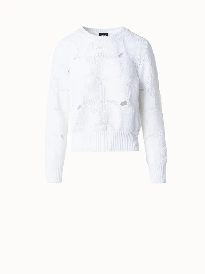 Cotton Stretch Knit Sweater With Anemones Jacquard White Women Akris Knitwear