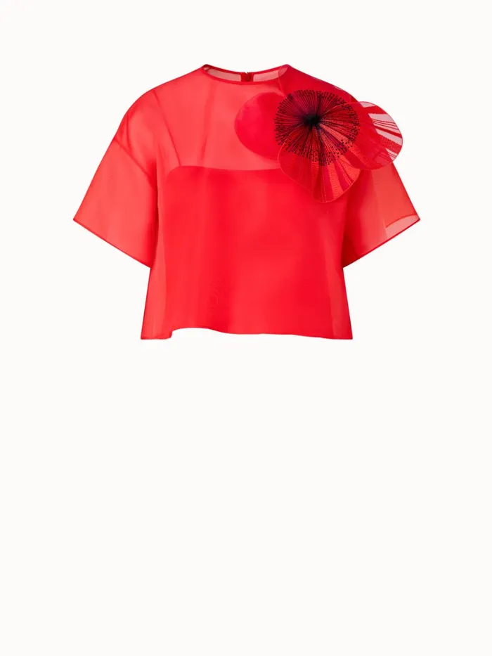 Cropped Blouse In Organza With Poppy Red Women Akris Blouses