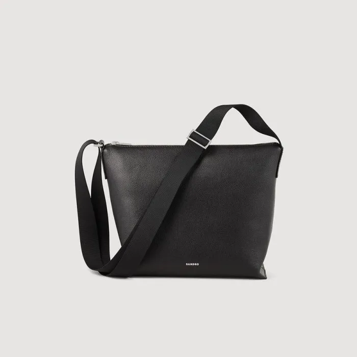 Crossbody Bags Men SANDRO Grained Leather Satchel Black