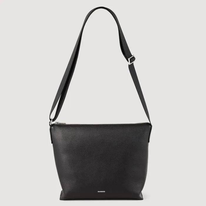 Crossbody Bags Men SANDRO Grained Leather Satchel Black