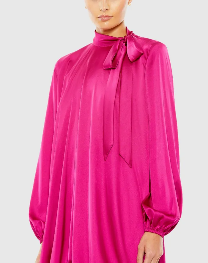 Daytime Dresses High Neck Long Sleeve Bubble Hem Dress 8211 FINAL SALE Hot Pink Mac Duggal Women