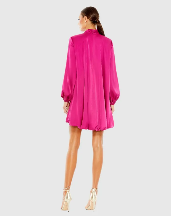 Daytime Dresses High Neck Long Sleeve Bubble Hem Dress 8211 FINAL SALE Hot Pink Mac Duggal Women