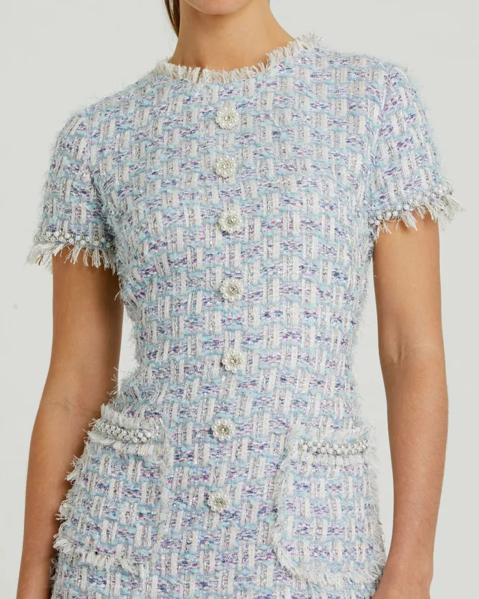 Daytime Dresses Mac Duggal Women Blue Cap Sleeve Floral Button Detail Shift Dress Blue Multi