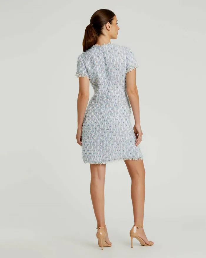 Daytime Dresses Mac Duggal Women Blue Cap Sleeve Floral Button Detail Shift Dress Blue Multi