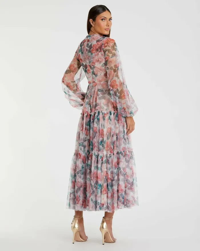 Daytime Dresses Mac Duggal Women High Neck Long Balloon Sleeve Midi Dress White Multi