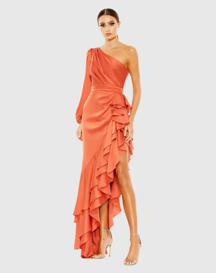 Daytime Dresses Mac Duggal Women One Sleeve Cut Out Asymmetrical Ruffled Gown Cobalt