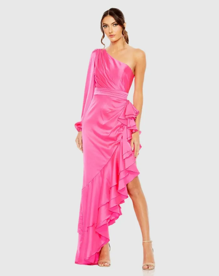 Daytime Dresses Mac Duggal Women One Sleeve Cut Out Asymmetrical Ruffled Gown Cobalt