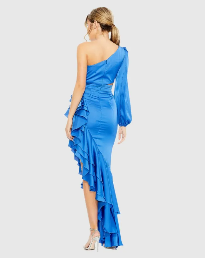 Daytime Dresses Mac Duggal Women One Sleeve Cut Out Asymmetrical Ruffled Gown Cobalt