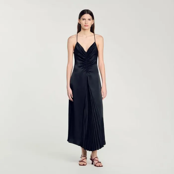 Dresses Women SANDRO Long Satineffect Dress Navy Blue