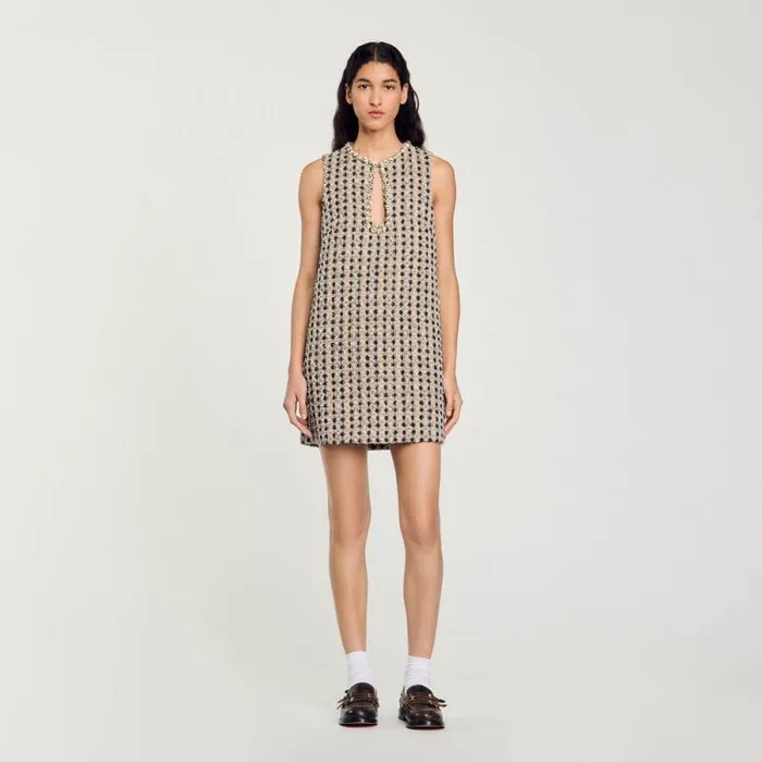 Dresses Women SANDRO Short Tweed Dress Camel Deep Blu