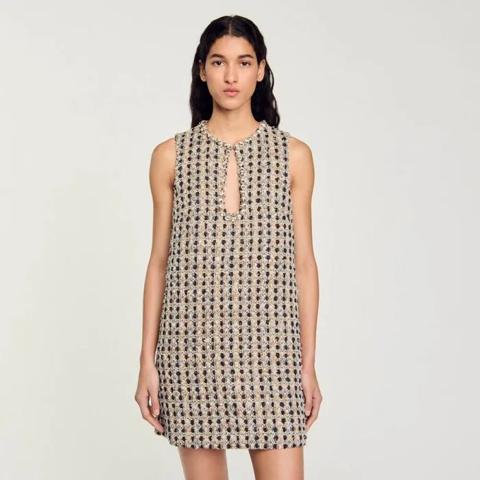 Dresses Women SANDRO Short Tweed Dress Camel Deep Blu