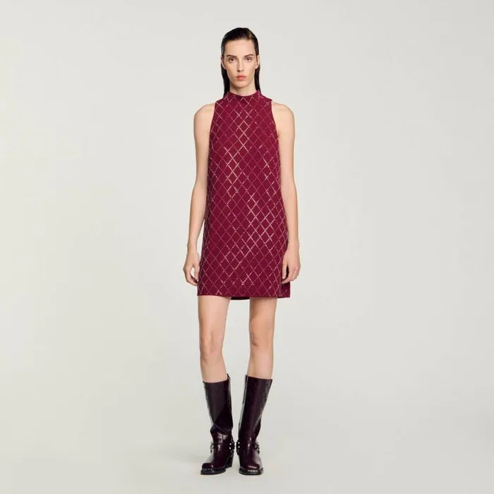 Dresses Women SANDRO Studded Diamond Short Dress Burgundy