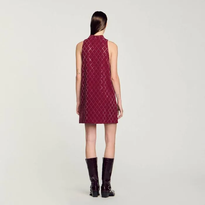 Dresses Women SANDRO Studded Diamond Short Dress Burgundy