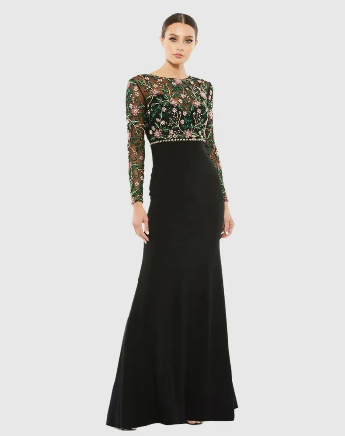 Evening Gowns Beaded Illusion High Neck Trumpet Gown Black Multi Mac Duggal Women