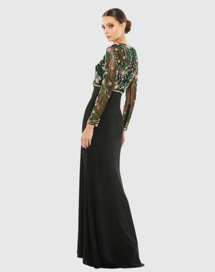 Evening Gowns Beaded Illusion High Neck Trumpet Gown Black Multi Mac Duggal Women