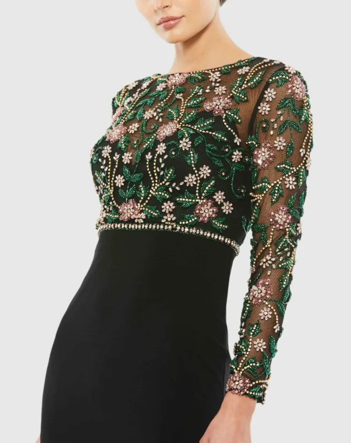 Evening Gowns Beaded Illusion High Neck Trumpet Gown Black Multi Mac Duggal Women
