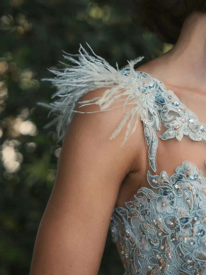 Evening Gowns Mac Duggal Women Embroidered Applique Feathered One Shoulder Trumpet Gown Crystal Blue