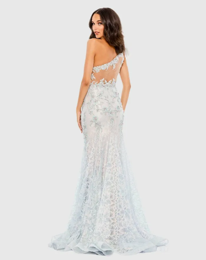 Evening Gowns Mac Duggal Women Embroidered Applique Feathered One Shoulder Trumpet Gown Crystal Blue