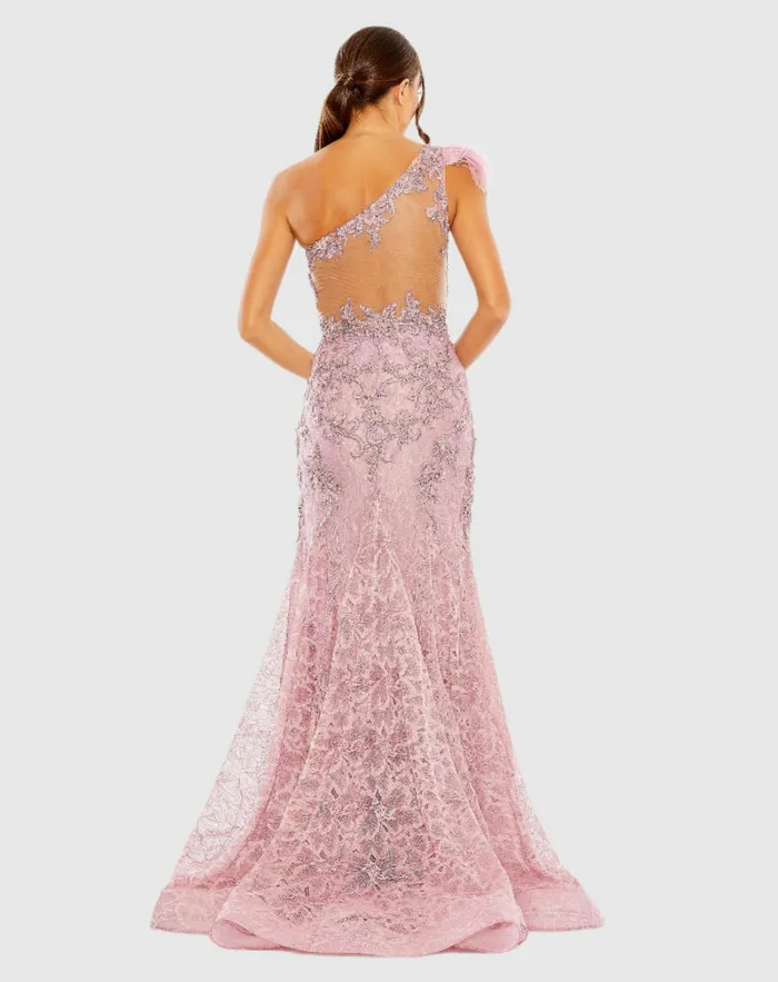 Evening Gowns Mac Duggal Women Embroidered Applique Feathered One Shoulder Trumpet Gown Crystal Blue