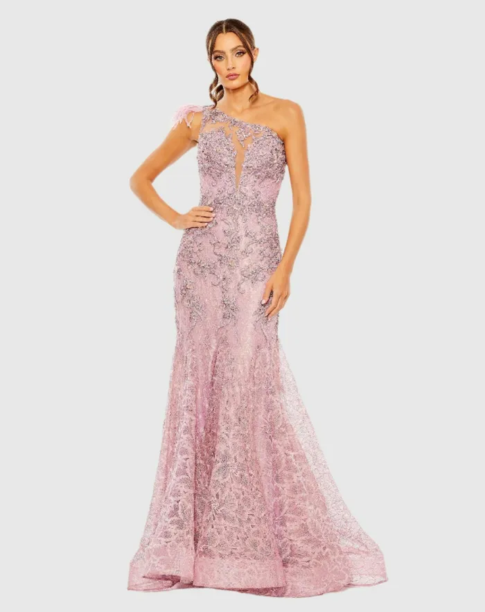 Evening Gowns Mac Duggal Women Embroidered Applique Feathered One Shoulder Trumpet Gown Crystal Blue
