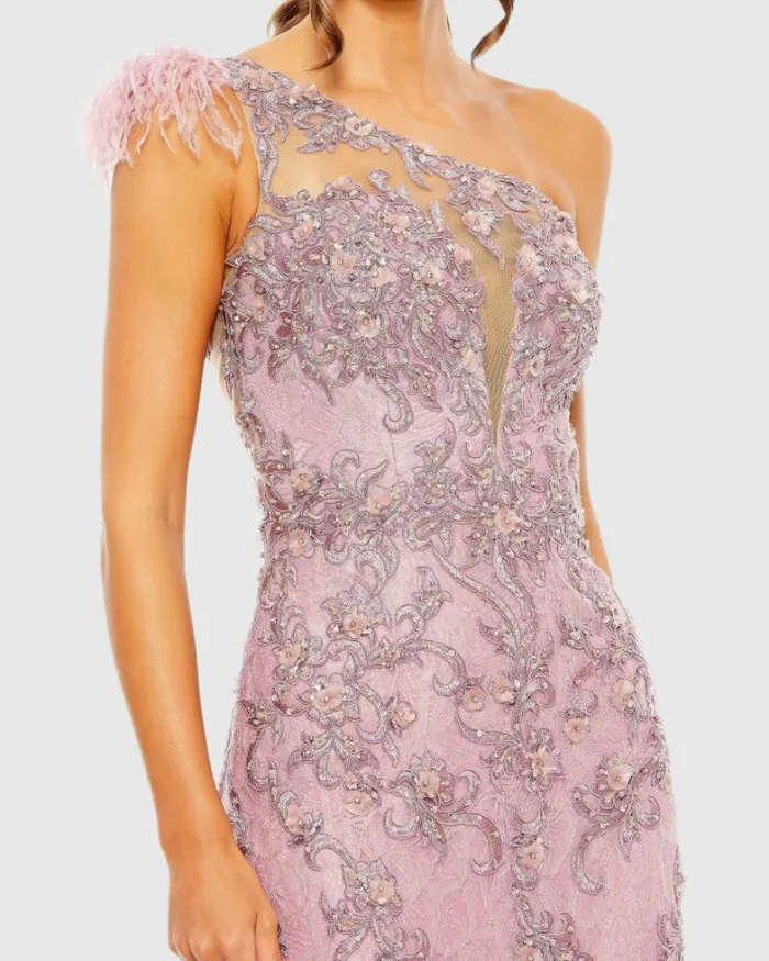 Evening Gowns Mac Duggal Women Embroidered Applique Feathered One Shoulder Trumpet Gown Crystal Blue