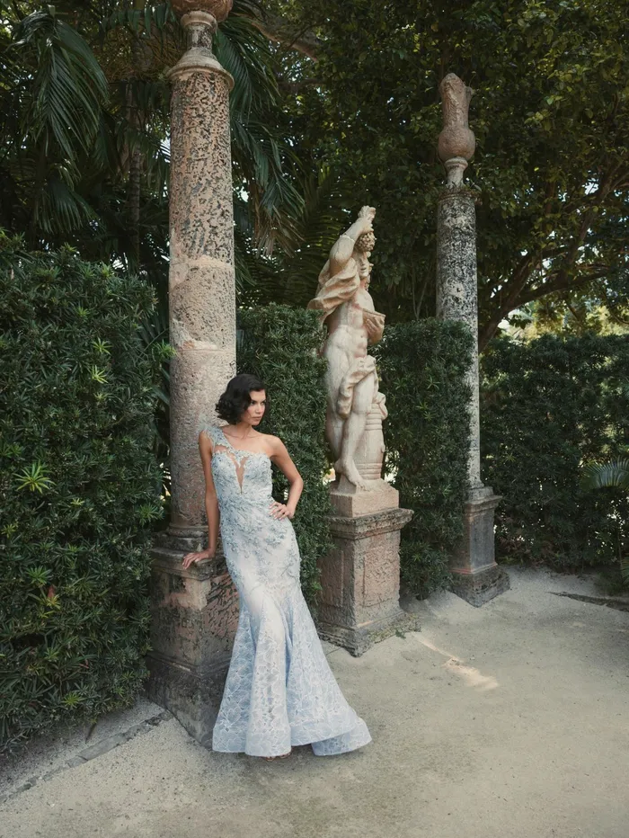 Evening Gowns Mac Duggal Women Embroidered Applique Feathered One Shoulder Trumpet Gown Crystal Blue