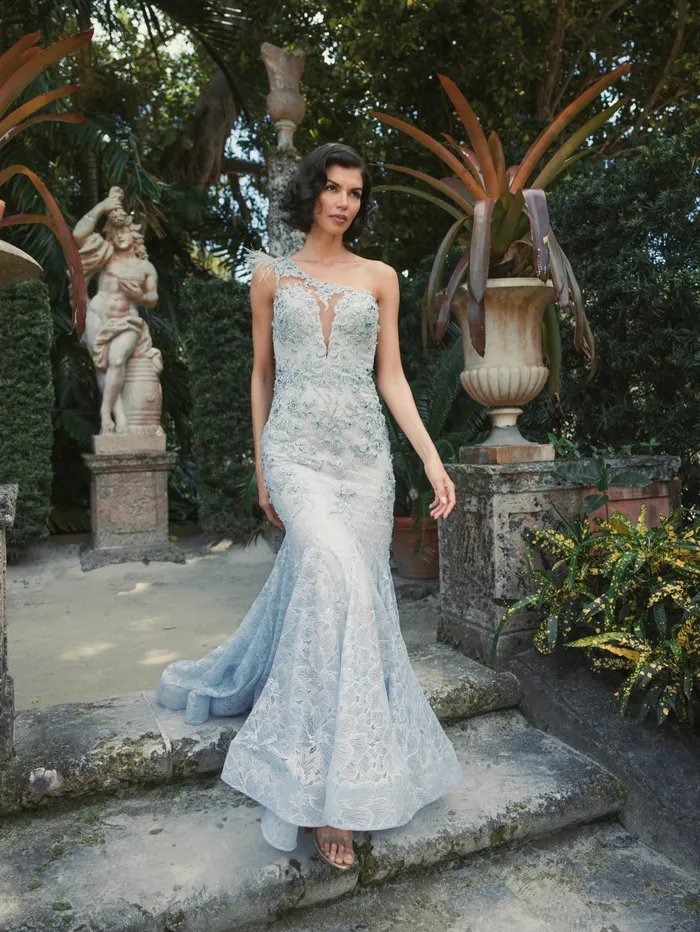 Evening Gowns Mac Duggal Women Embroidered Applique Feathered One Shoulder Trumpet Gown Crystal Blue