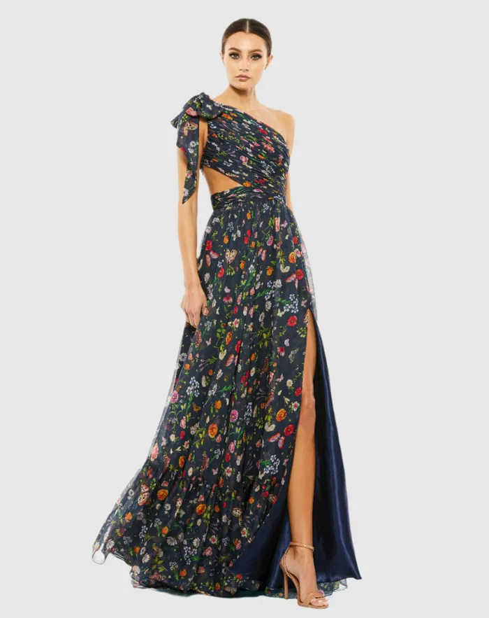 Evening Gowns Women Blue Tied One Shoulder CutOut Flowy Gown NavyMulti Mac Duggal