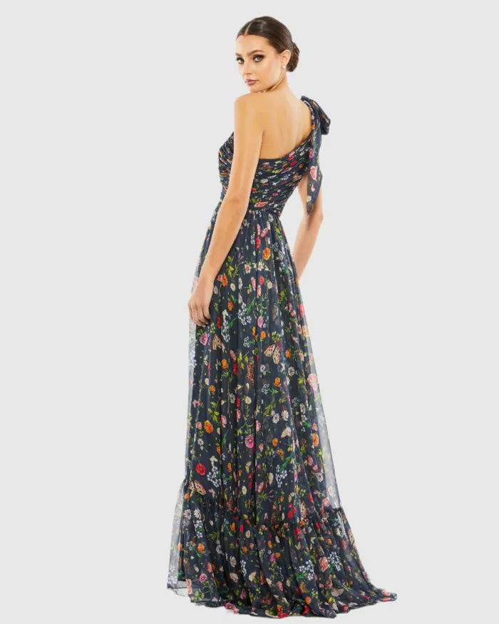 Evening Gowns Women Blue Tied One Shoulder CutOut Flowy Gown NavyMulti Mac Duggal