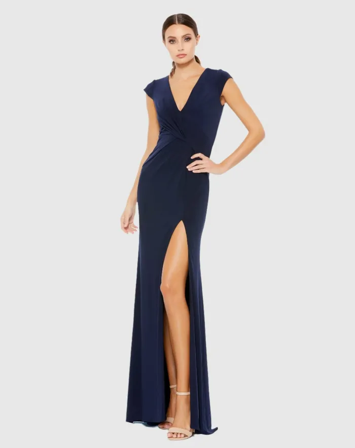Evening Gowns Women Mac Duggal VNeck Ruched Jersey Gown Navy