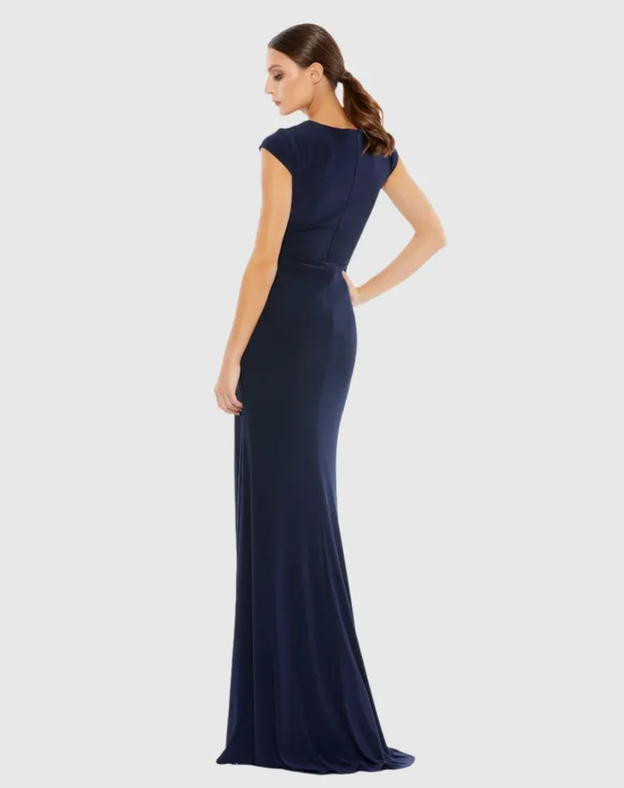 Evening Gowns Women Mac Duggal VNeck Ruched Jersey Gown Navy