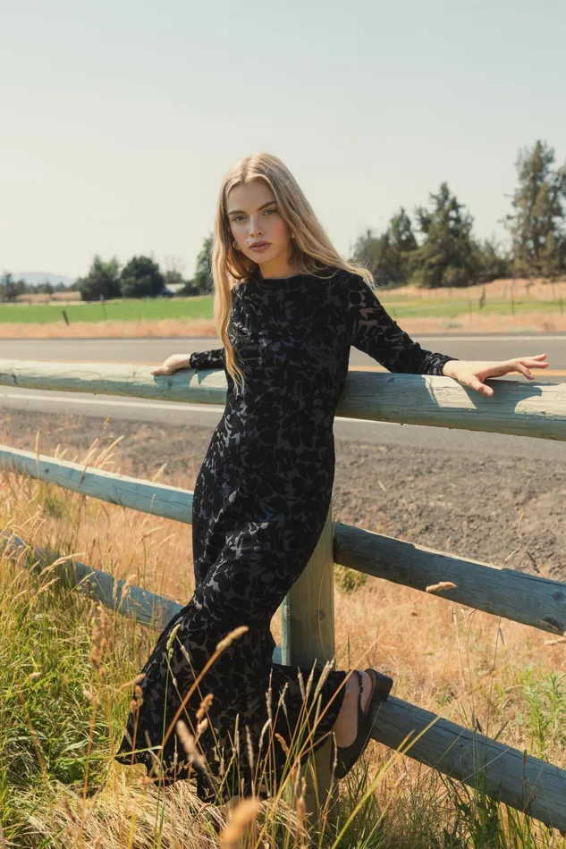 Every Day Dresses Burnout Velvet Long Sleeve Ruffle Hem Midi Dress Black Mac Duggal Women