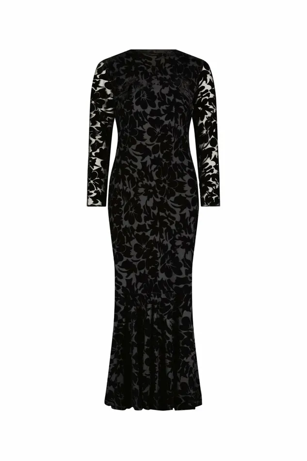 Every Day Dresses Burnout Velvet Long Sleeve Ruffle Hem Midi Dress Black Mac Duggal Women