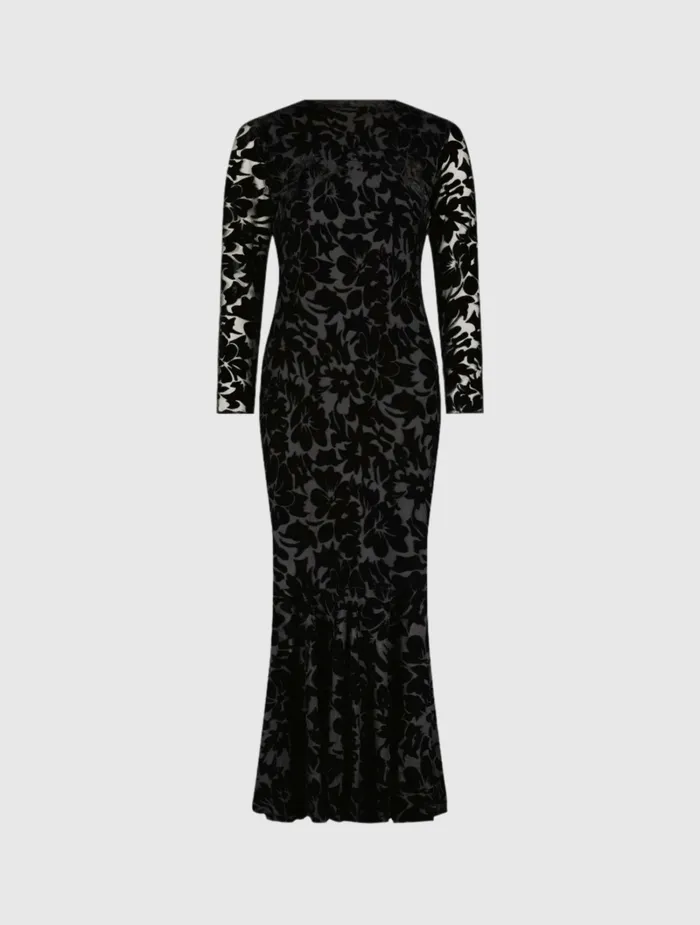 Every Day Dresses Burnout Velvet Long Sleeve Ruffle Hem Midi Dress Black Mac Duggal Women