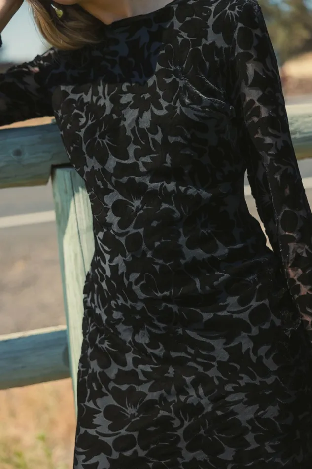 Every Day Dresses Burnout Velvet Long Sleeve Ruffle Hem Midi Dress Black Mac Duggal Women