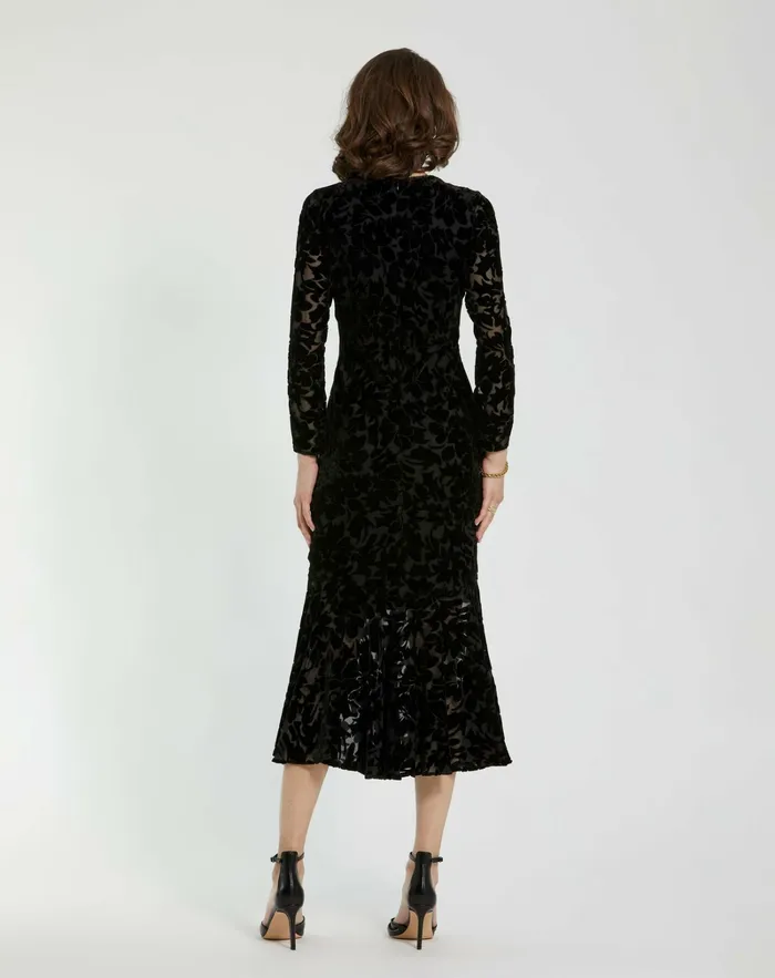 Every Day Dresses Burnout Velvet Long Sleeve Ruffle Hem Midi Dress Black Mac Duggal Women
