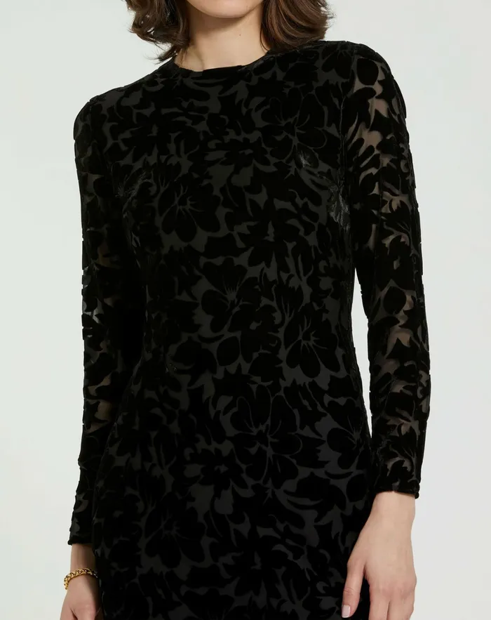 Every Day Dresses Burnout Velvet Long Sleeve Ruffle Hem Midi Dress Black Mac Duggal Women