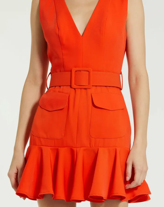 Every Day Dresses Mac Duggal Women Sleeveless Crepe Mini Dress With Belt And Front Pockets Sunset