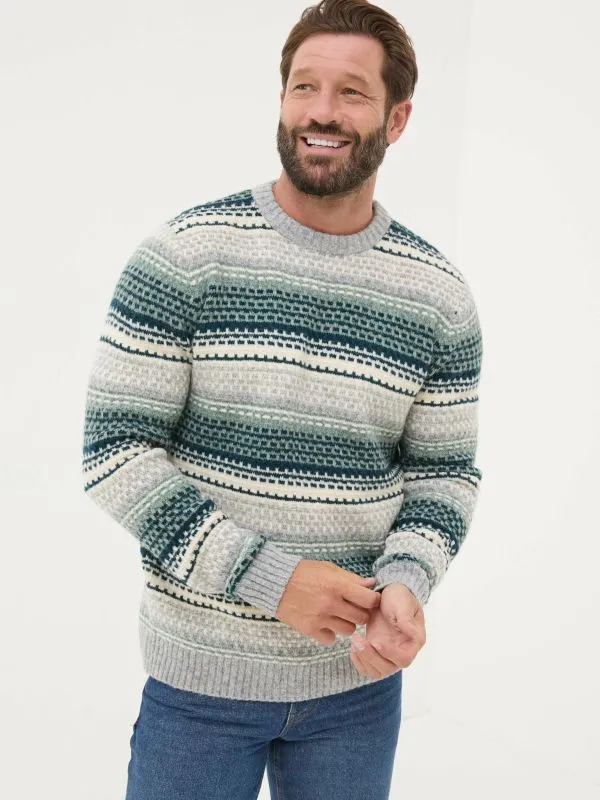 Fat Face Knitwear Men Calder Dark Teal Stripe Knitted Jumper