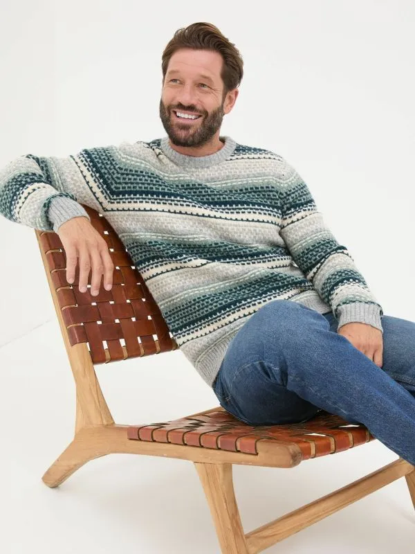 Fat Face Knitwear Men Calder Dark Teal Stripe Knitted Jumper