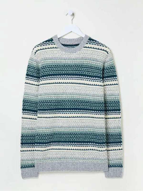 Fat Face Knitwear Men Calder Dark Teal Stripe Knitted Jumper