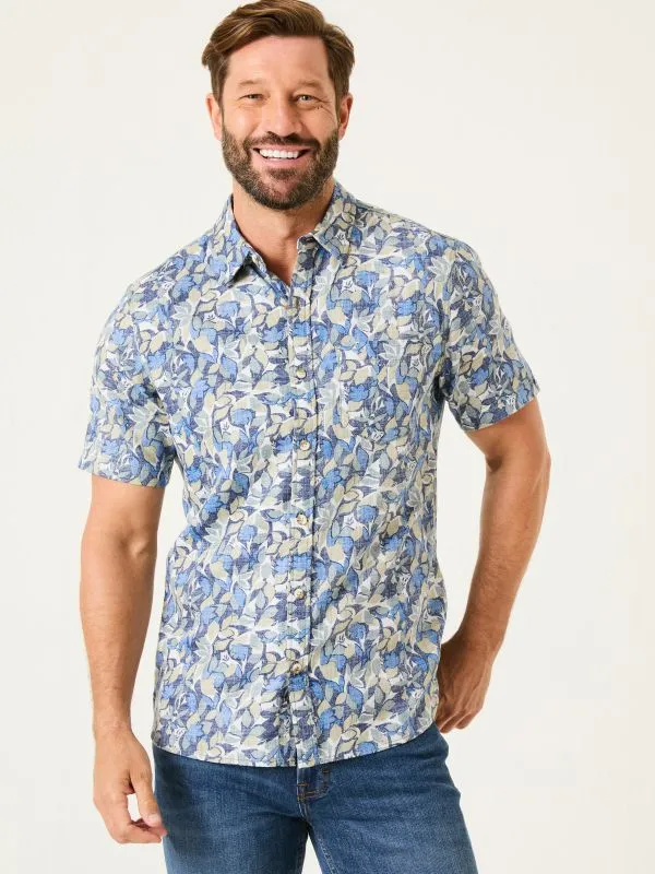 Fat Face Shirts Men Blue 100 Cotton Short Sleeve Leaves Print Shirt