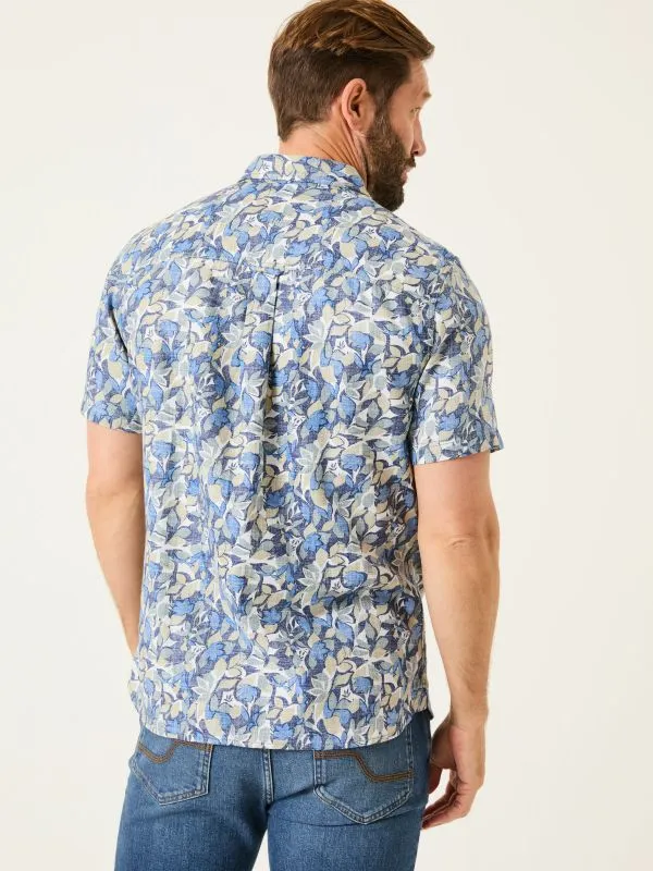 Fat Face Shirts Men Blue 100 Cotton Short Sleeve Leaves Print Shirt