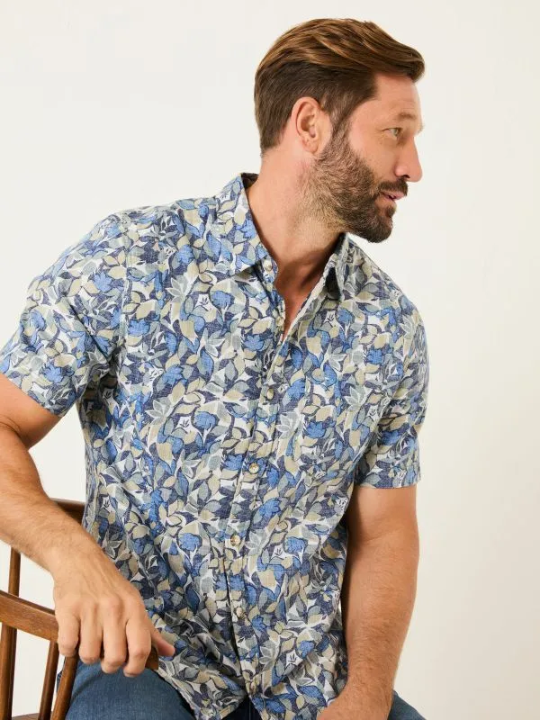 Fat Face Shirts Men Blue 100 Cotton Short Sleeve Leaves Print Shirt